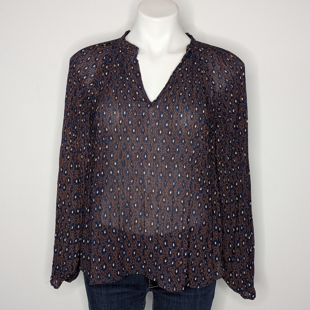 Current Air Blue Orange Abstract Print Pleated Sheer Blouse XS